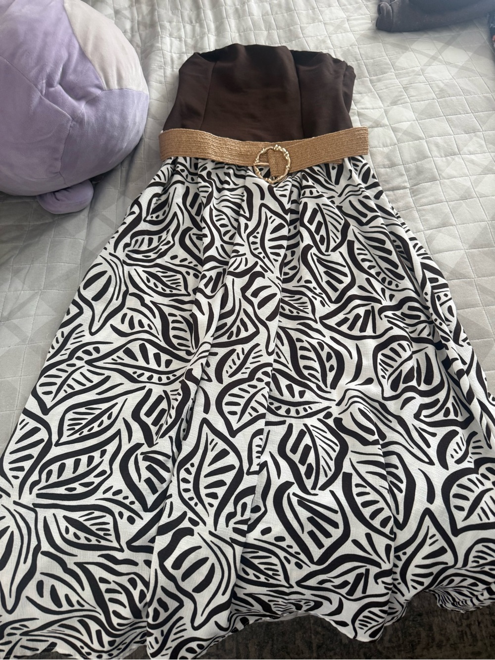 Fred David Black & White Leaf Print Strapless Skirt with Brown Waistband